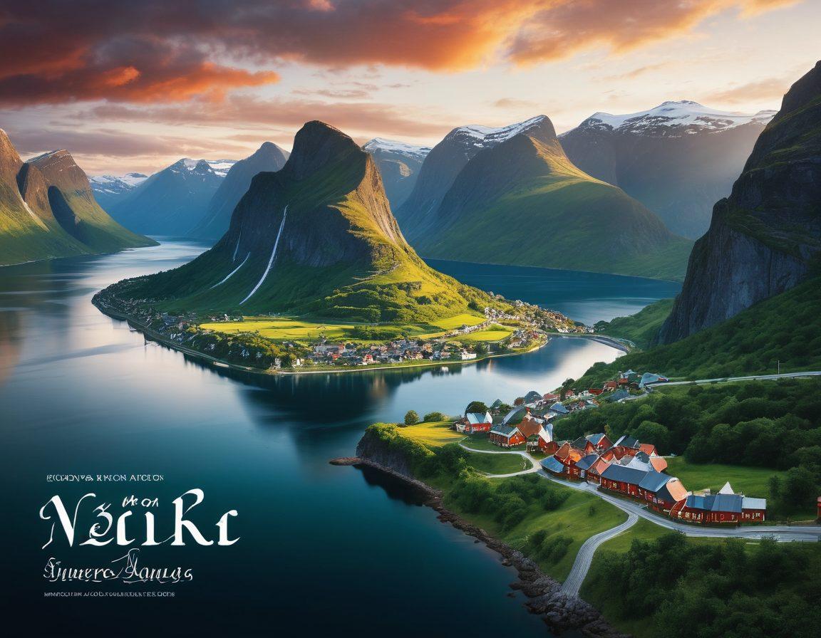 A beautifully crafted map showcasing the stunning Viking landscapes, featuring iconic Viking ships sailing through fjords and ancient Nordic villages with lush greenery. Overlay intricate itinerary details written in elegant calligraphy, highlighting thrilling activities like heritage tours and epic adventures. The sky should be vibrant with a dramatic sunset, casting warm hues over the scene, invoking a sense of wanderlust and exploration. super-realistic. vibrant colors. white background.
