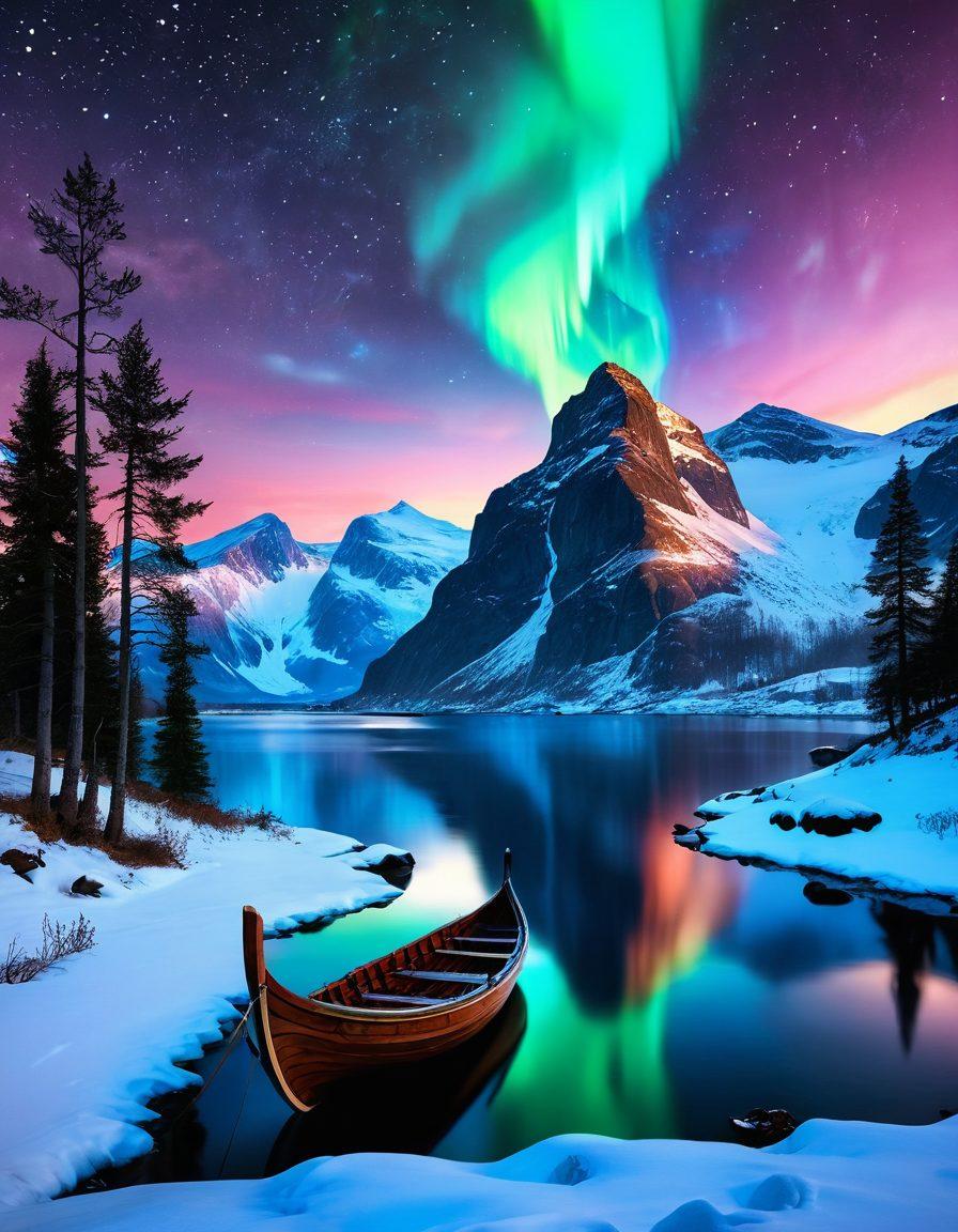 A mystical Scandinavian landscape featuring a majestic fjord surrounded by snow-capped mountains, with a Viking ship sailing in the foreground. Ethereal Northern Lights illuminate the night sky, while mythical creatures like trolls and elves peek from behind trees. Elements of traditional Scandinavian art, such as intricate carvings and folk patterns, are subtly integrated into the scene. The scene should evoke a sense of adventure and enchantment, stimulating curiosity about Scandinavian culture and mythology. vibrant colors. super-realistic. fantasy style.