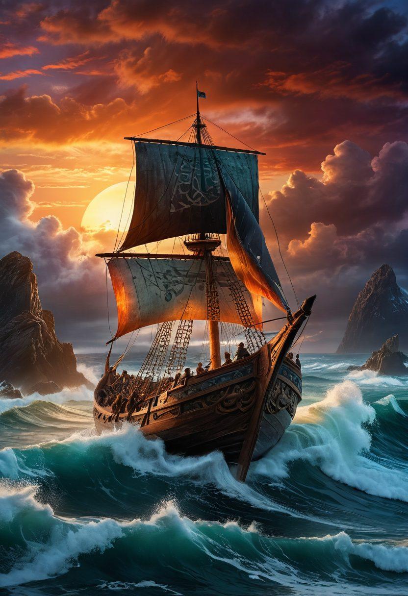 A majestic Viking longship sailing through turbulent ocean waves, with a breathtaking sunset illuminating the sky filled with vibrant colors. In the foreground, ancient Norse runes are carved into a rocky coastline, while mythical creatures subtly emerge from the waves. Include adventurous explorers in authentic Viking attire, showcasing their heritage. The atmosphere is rich with history and adventure. super-realistic. vibrant colors.